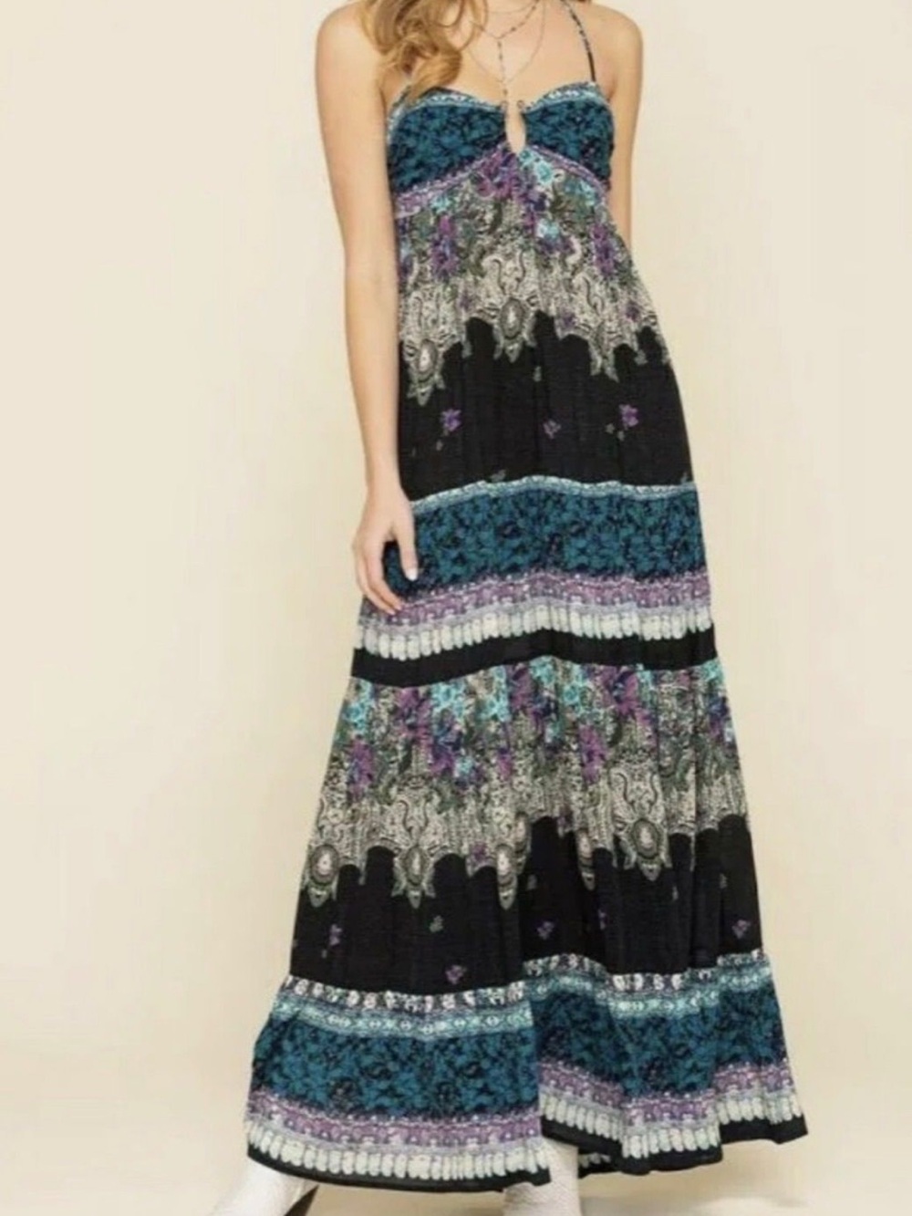 Free People Teal, Purple & Black Boho Tiered Maxi Dress